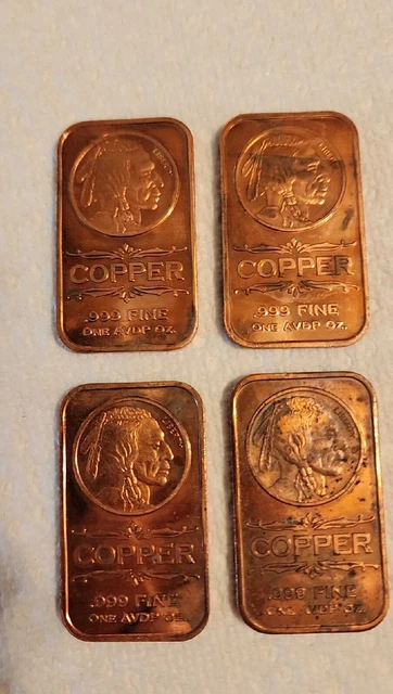 .999 Fine Copper Bar 1 Oz Each  Indian Head - Lot Of 4