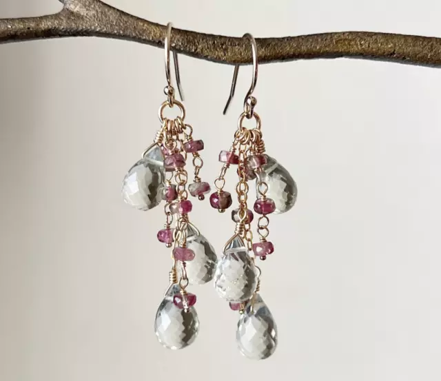 Boucles d'oreilles en cristal quartz et tourmaline rose, bijoux en argent...