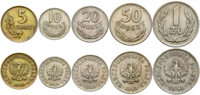 Polen PRL - KONVOLUT 5 Münzen - 5, 10, 20 u. 50 Groszy + 1 Złoty 1949 CuNi - LOT
