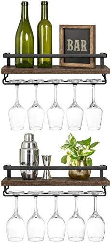 Wall Mounted Wine Rack Set of 2 Wood Rustic Wine Bottle Glass Floating Brown