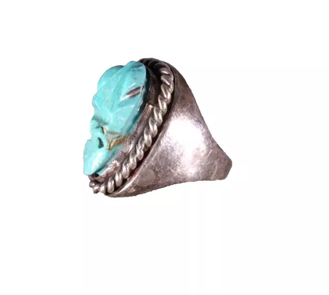 925 Sterling Silver Carved Turquoise Native American Navajo Ring Size 11