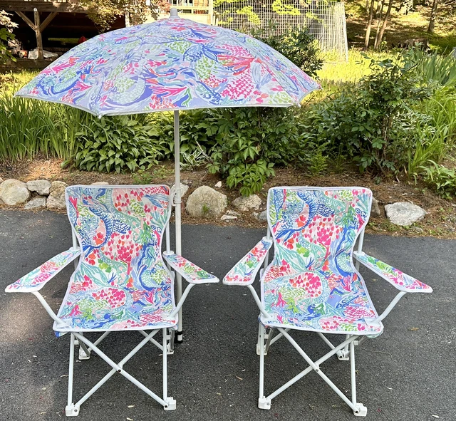 2 sillas plegables y 1 paraguas Lilly Pulitzer Pottery Barn Kids Mermaid Cove