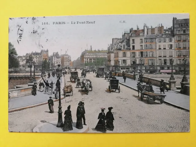 cpa 75 - PARIS en 1908 Le PONT NEUF Belle animation Attelage Transport