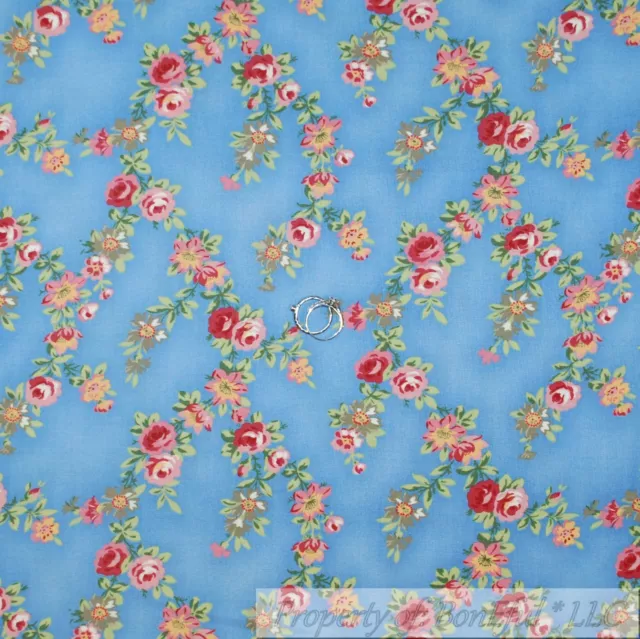 BonEful Fabric FQ Cotton Quilt Blue White Pink Rose Flower VTG Antique Pattern S