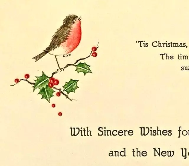 Vintage Christmas Greetings Card Robin Bird Holly One Sided Slightly Embossed