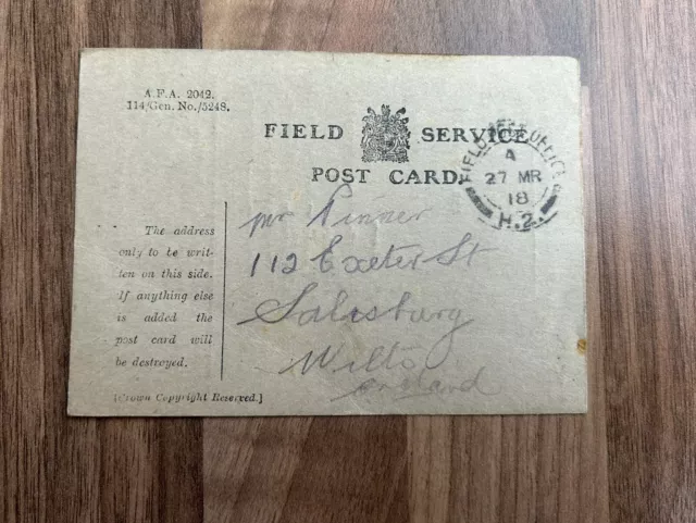 WW1 Field Service Postcard A.F.A 2042. Salisbury, Wiltshire. 27th March 1918.