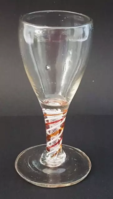 3: 18th Cent Georgian Double Red & White Air Twist Cordial Glass w Short Stem