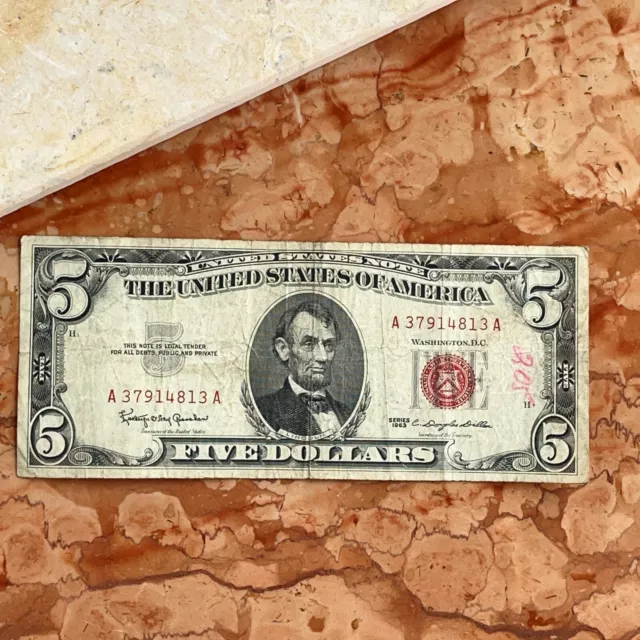 1963 Five Dollar Bill Red Seal Actual Note Circulated Currency $5 US USA