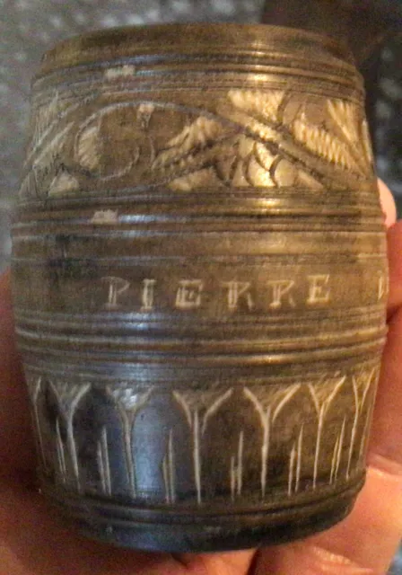 Antique “Dead Sea Stone” Hand Etched CUP Jar Jerusalem Palestine Judaica 3