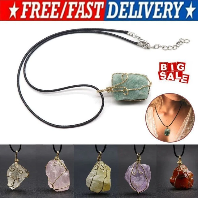 Natural Gemstone Necklace Chakra Stone Pendant Energy Healing Crystal w/ Rope