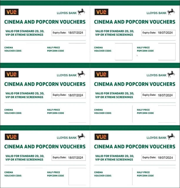 6 x Vue Cinema and Popcorn Vouchers - Expires 16/02/24
