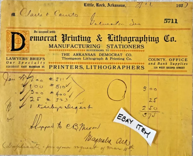 1907 Little Rock Ark  Democrat Printing Lithography Co. Stationers Clark & Court