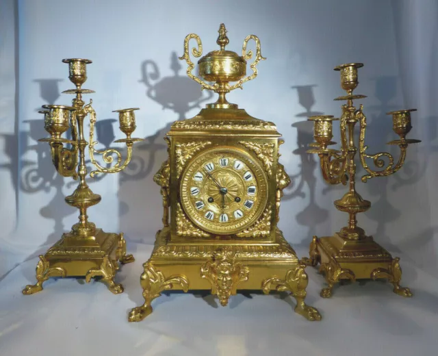 Antique Rococo Clock Garniture Mantel Clock & Pair Candelabra 3 Piece -See Video