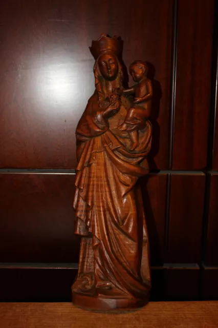 19Th 12"/17" Wood Hand Carved Virgin Mary Our Lady Jesus Statue Sculpture Figure