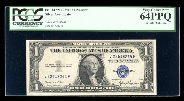 DBR 1935-D $1 Silver Fr. 1613N Narrow VF Block PCGS 64 PPQ Serial V22618264F