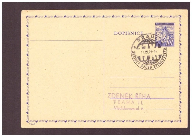 Böhmen und Mähren - Postkarte 1945 gelaufen nach Prag