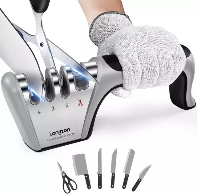 4-in-1 Knife Sharpener with a Pair of Cut-Resistant Glove, Polish Blades 4 Stage