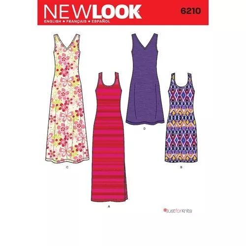 New Look Sewing Pattern 6210 Misses 10-22 Easy Knit Tank Dresses Racer Back Maxi