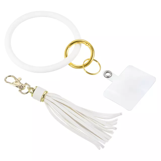 Key Ring Bracelet, Silicone Round Keychain Wristlet Tassel Keyring, White