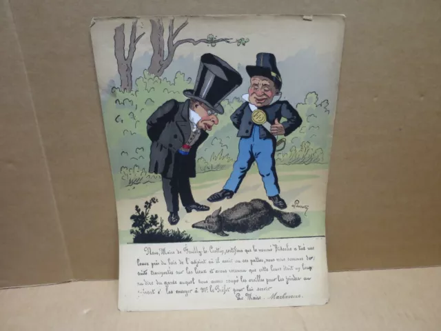 LAVRATE gravure humoristique au pochoir chasse au loup garde champètre maire