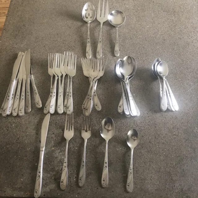 Vtg. Rogers Floral Stainless China Silverware 40 piece 8 place + 3 Serving