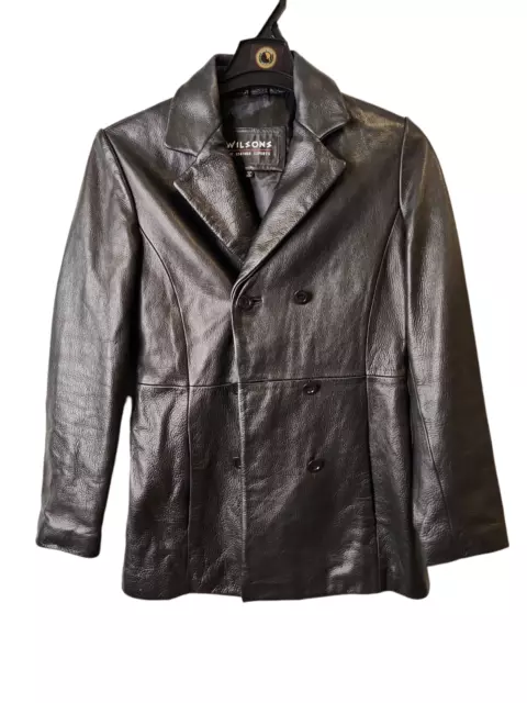 Wilsons Size Medium Womens Leather Jacket Black Button Up Pea Coat