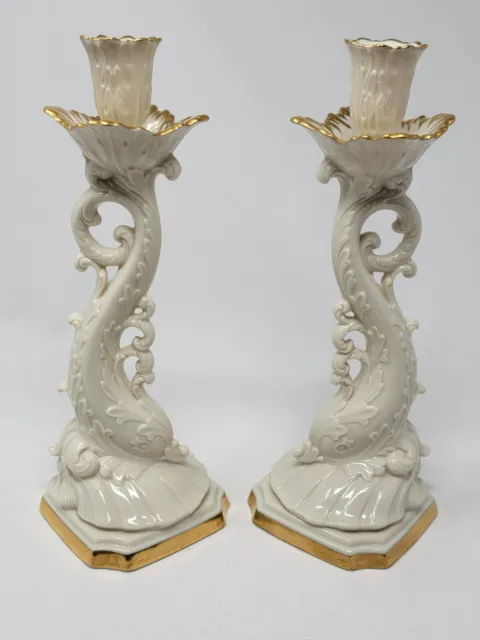 PAIR Lenox Special Ivory Ornate Dolphin/Fish/Koi Candlesticks 24 K. Trim 🐬
