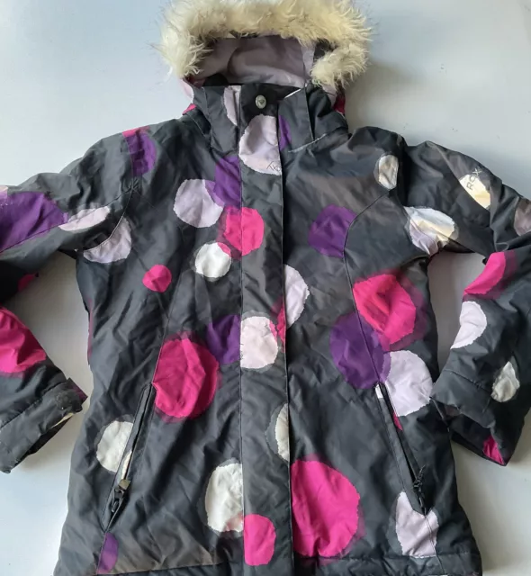 ROXY PUFFER COAT JACKET GIRLS Age 12 Purple Grey Spotty Hooded Faux Fur Warm