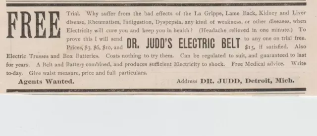 QUACK  DR. JUDD'S ELECTRIC BELT CURE ALLS-- 1891  ADVERTISING PRINT AD*6" x 2"