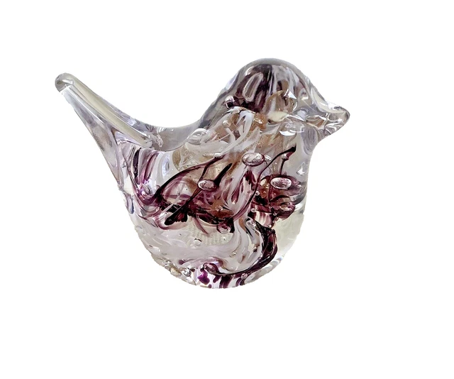 Glass Bird Clear Encased Purple White Gold Flecks 3" High Ornament Paperweight