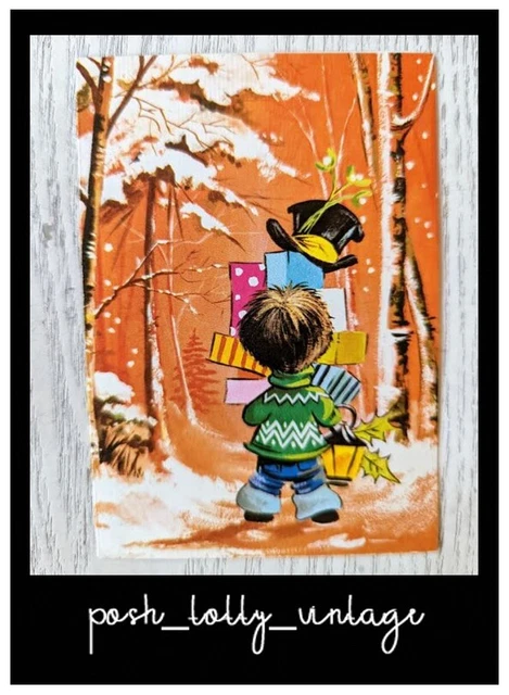 Vintage UNUSED 50s 60s Boy Stack of Presents Wood Christmas Greeting Card EB3086