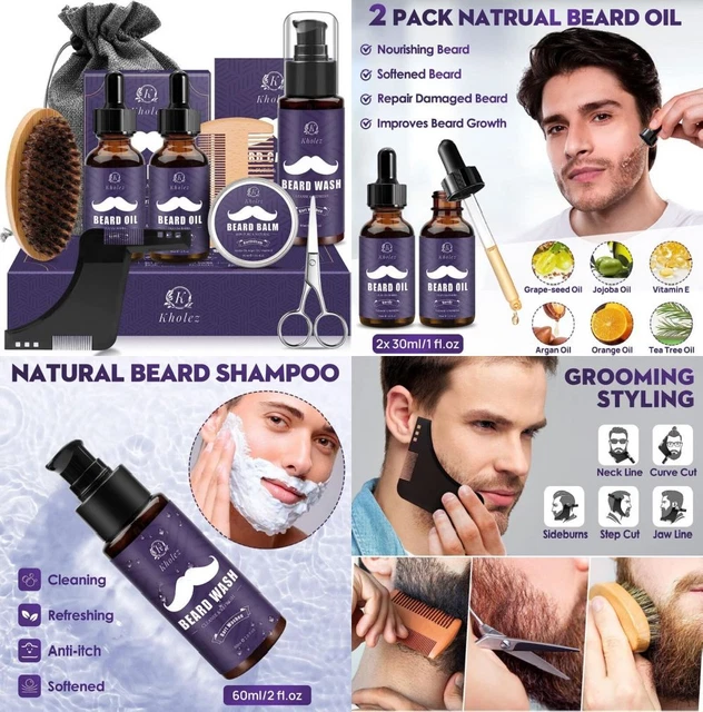 Kit de aseo de barba, kit de crecimiento con 2 aceite/lavado de barba/púrpura