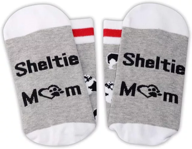 Sheltie Mom Dog Lover Crew Socks Shetland Sheepdog Gray White Red 2-Pair New 3