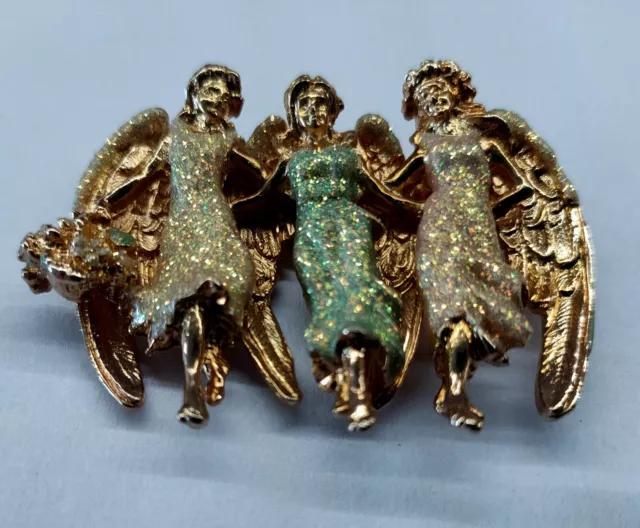 Kirks Folly Glitter Enamel Gold Tone 3 Sisters Angel Fairy Brooch Pin Boxed RARE