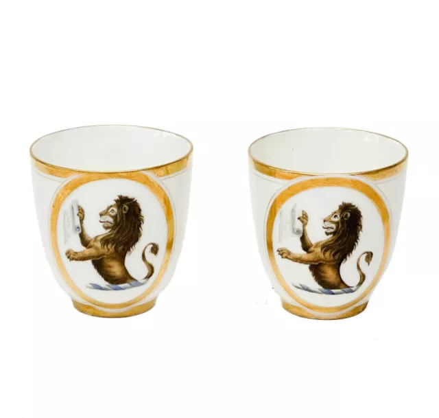 Pair English Hand Painted Porcelain Armorial Lion Tea Cups 19th century