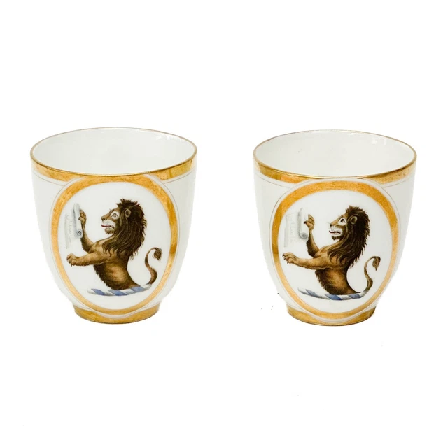 Pair English Hand Painted Porcelain Armorial Lion Tea Cups 19th century