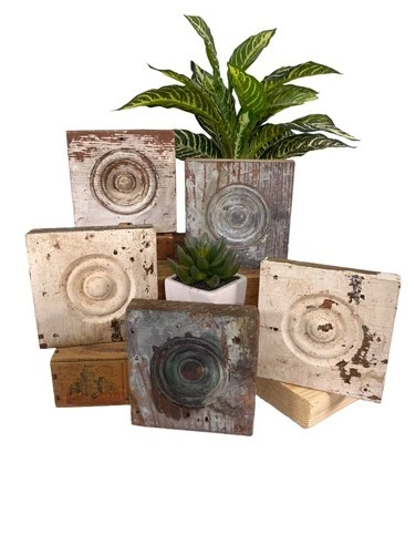 5 Plinth Blocks, Antique Bullseye Rosettes, Architectural Salvage Wood Trim C78,