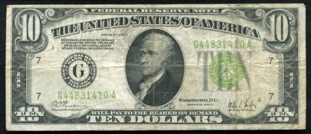 Fr 2003-G 1928-C $10 Ten Dollars Lgs Light Green Seal Frn Federal Reserve Note