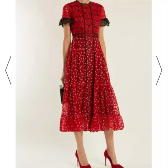 EUC $795 SALONI Red Andie Lace Embroidered Tulle Midi Dress