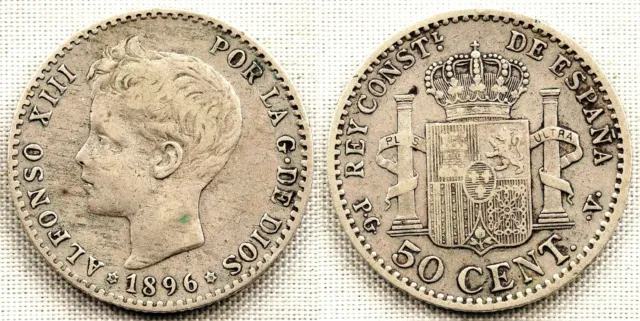 Spain-Alfonso XIII 50 Cents 1896 9-6. Madrid MBC / VF Silver 2,5 (G) .Scarce