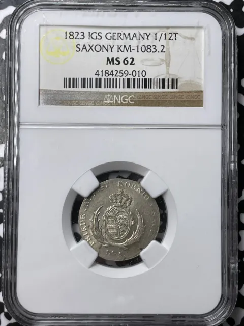 1823-IGS Germany Saxony 1/12 Thaler NGC MS62 Lot#G6217 Nice UNC! KM#1083.2