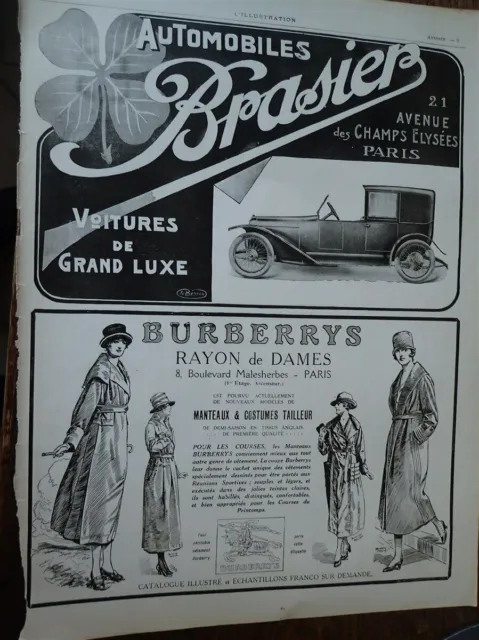 BRASIER automobile + BURBERRYS publicité papier ILLUSTRATION 1919