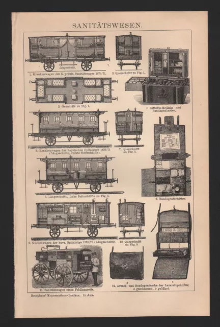 Lithografie 1903: SANITÄTSWESEN. Krankenwagen Küchenwagen Sanitätswagen