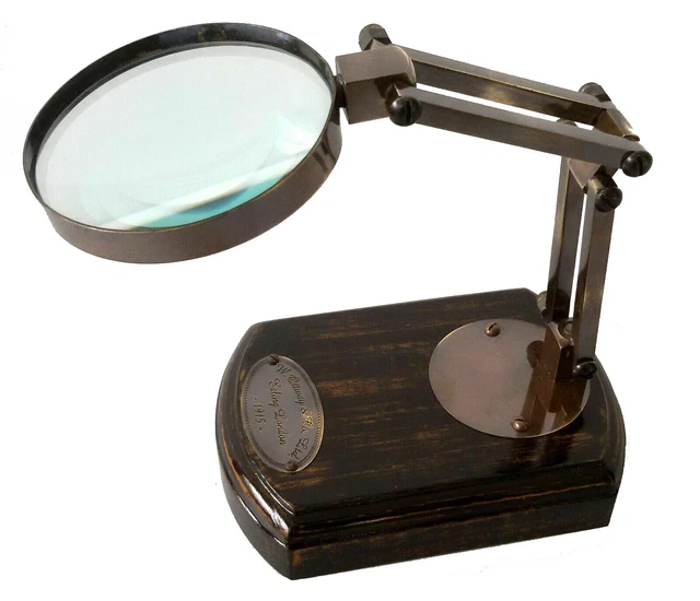 Loupe De Bureau Réglable En Laiton Sur Base Bois - Grossissement 3x, Lentille 4 Pouces, éclairée