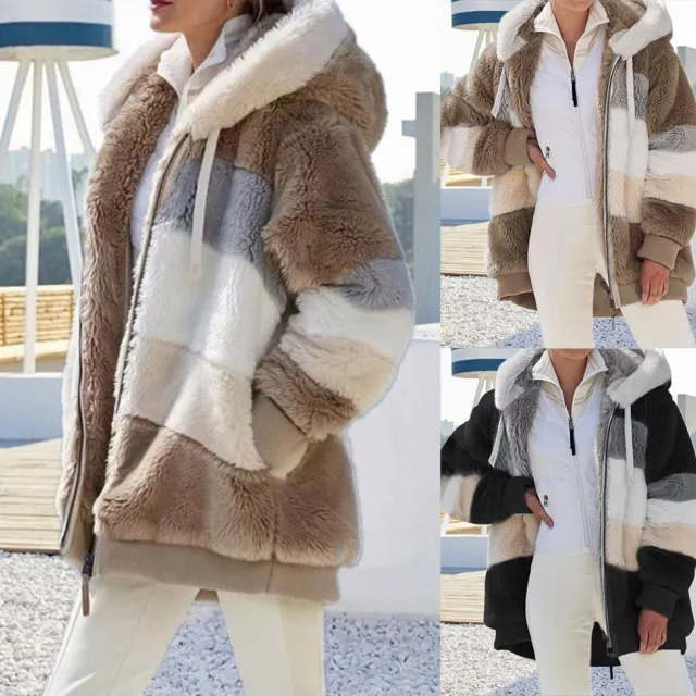 Womens Winter Warm Hooded Jacket Coat Fleece Teddy Bear Fluffy Full Zip Overcoat