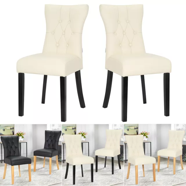 Set of 2/4 Dining Chairs Faux Leather Padded Seat Button High Back Kitchen Chair