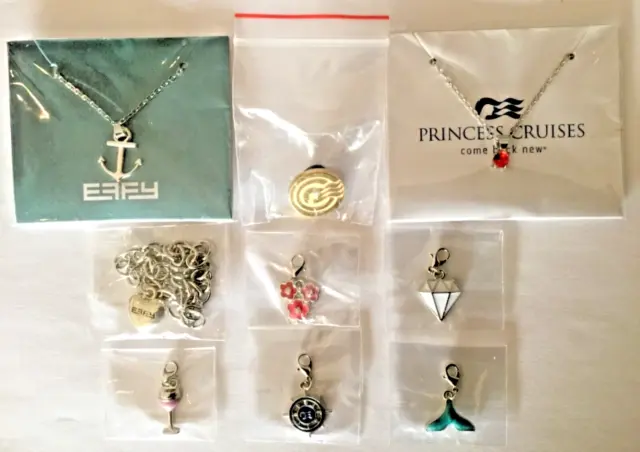 Lot of 9 ~ 6 Charms / 1 EFFY Necklace / 1 Princess Cruises Necklace / 1 Pin