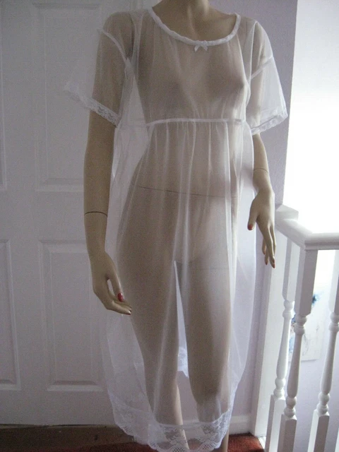 Sheer Soft Nylon white lace Night Dress Lingerie Adult feminine Glamour negligee