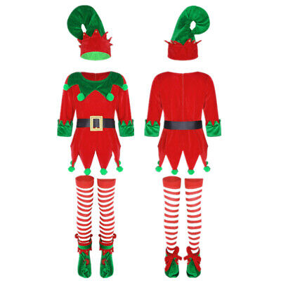 Costume elfo di Natale bambino 4 pezzi tuta cintura scarpe cappello calze vestito