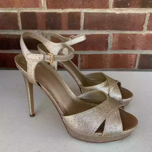 Guess Jordie Gold Peep Toe Ankle Strap Stiletto Heel Sandals Women's size US 10M